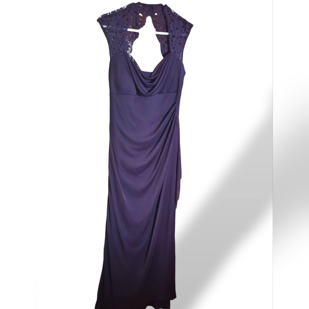 Xscape Purple Asymmetrical Ruched Cocktail Gown